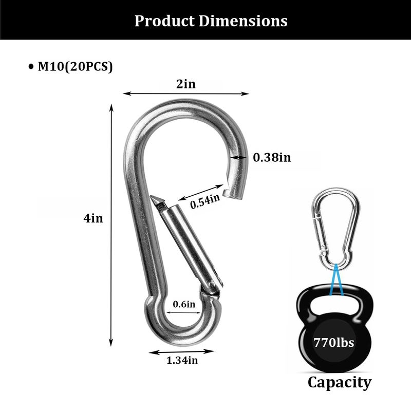 Yision 20Pcs 4” Safety Spring Snap Hook, M10 3/8" Carabiner Quick Link Snap Hooks for Camping Hiking, 770LBS Holding Capacity Heavy Duty Steel Carabiner Clip Buckle for Swing Hammock Gym Outdoor - Image 2